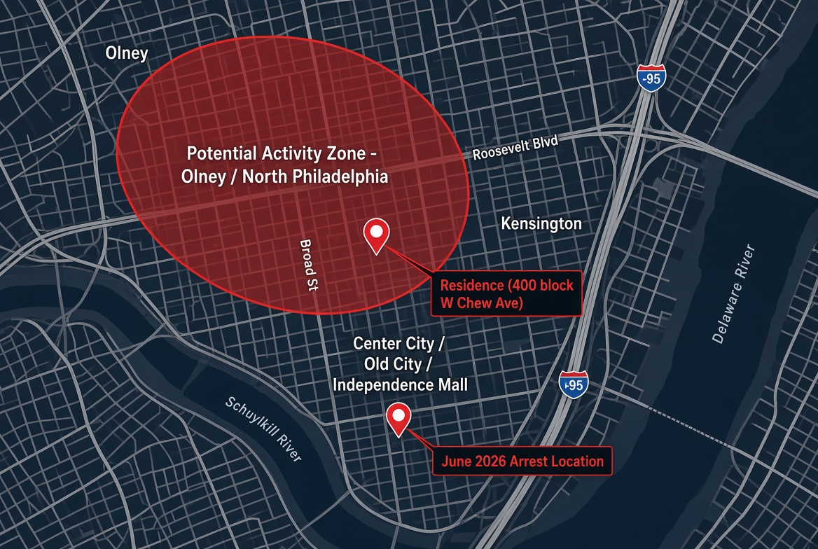 Map of Philadelphia showing Olney residence, arrest location, and potential activity zone